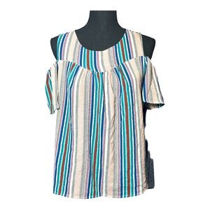 Monteau Open Shoulder Cream Multicolor Striped Baby Doll Top Size Large